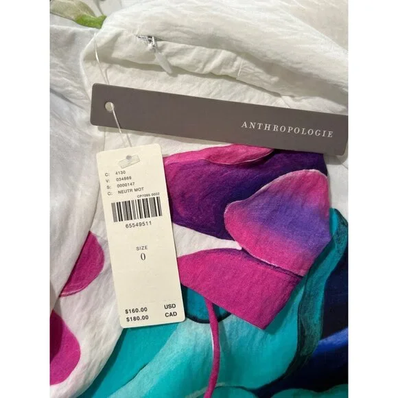 Maeve Anthropologie Women Size 0 Dress Puff Sleeve White Purple Blue Floral NEW - Picture 4 of 10